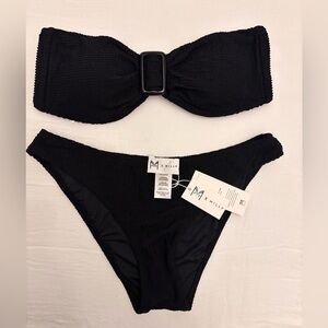 MILLY -  Margot Solid Bandeau Bikini Set Black Textured Buckle NWT